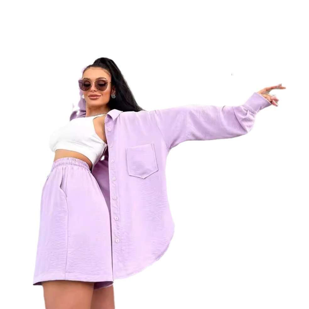 2026 Cross-border European and American women's clothing solid color single-breasted long-sleeve shirt loose fashion casual shorts set