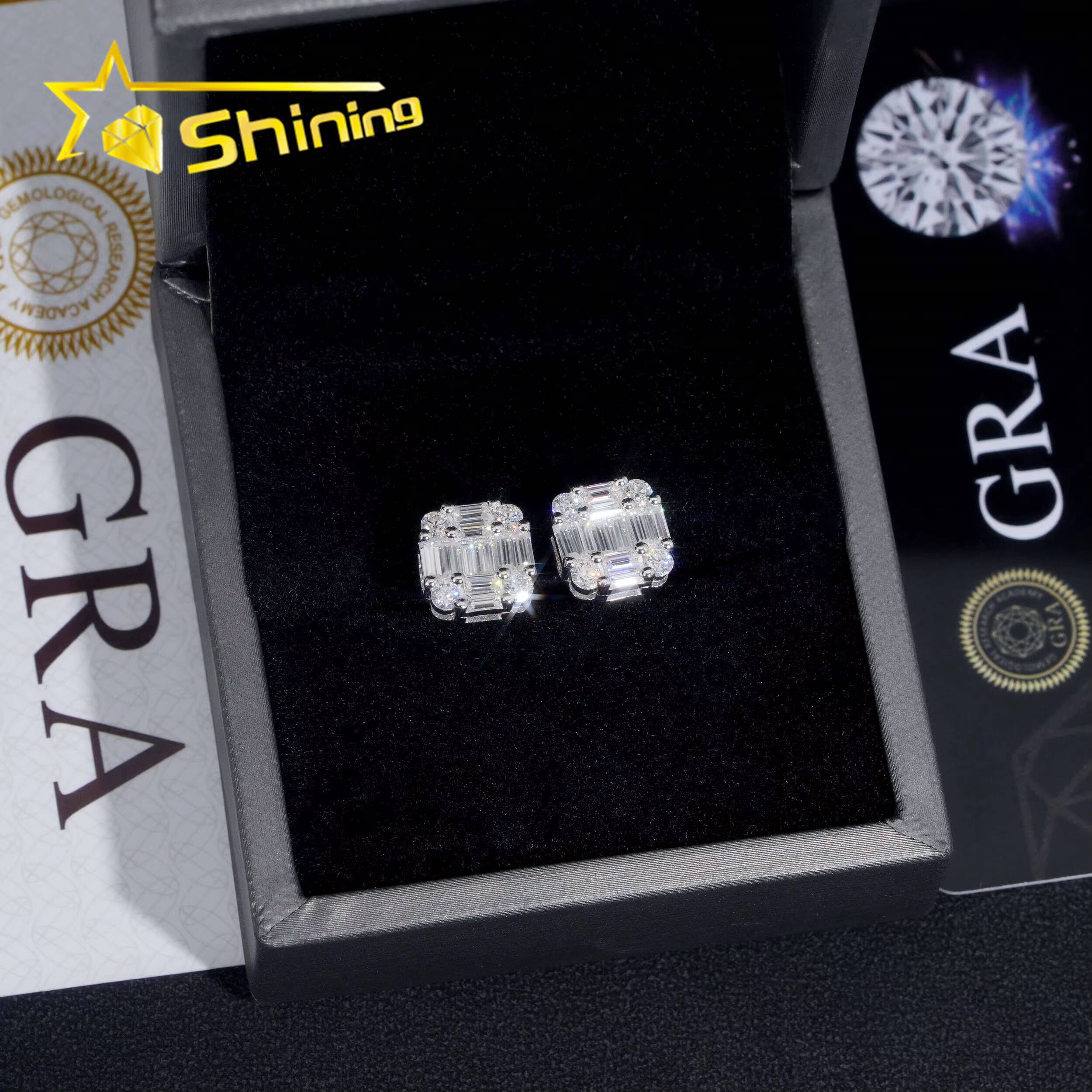 Ready to Ship Hip Hop Jewelry Pass Diamond Tester 925 Sterling Silver VVS Moissanite Diamond Classic Baguette Stud Earrings