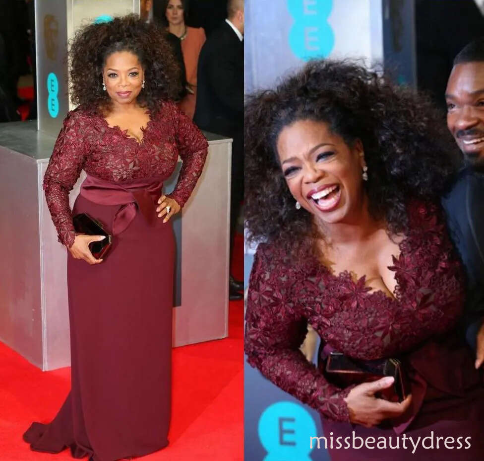 Red Carpet Plus Size Burgundy Oprah Winfrey Sheath V-Neck Long Sleeve Lace Top Sweep Train Evening Dress for Fat Women party gowns ZD10