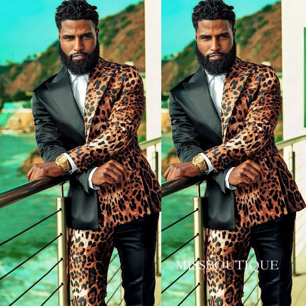 Unique Leopard Men Wedding Tuxedos 2 Pieces Groom Pants Suits Party Prom Jacket Business Wear Outfit Traje Hombre D0330