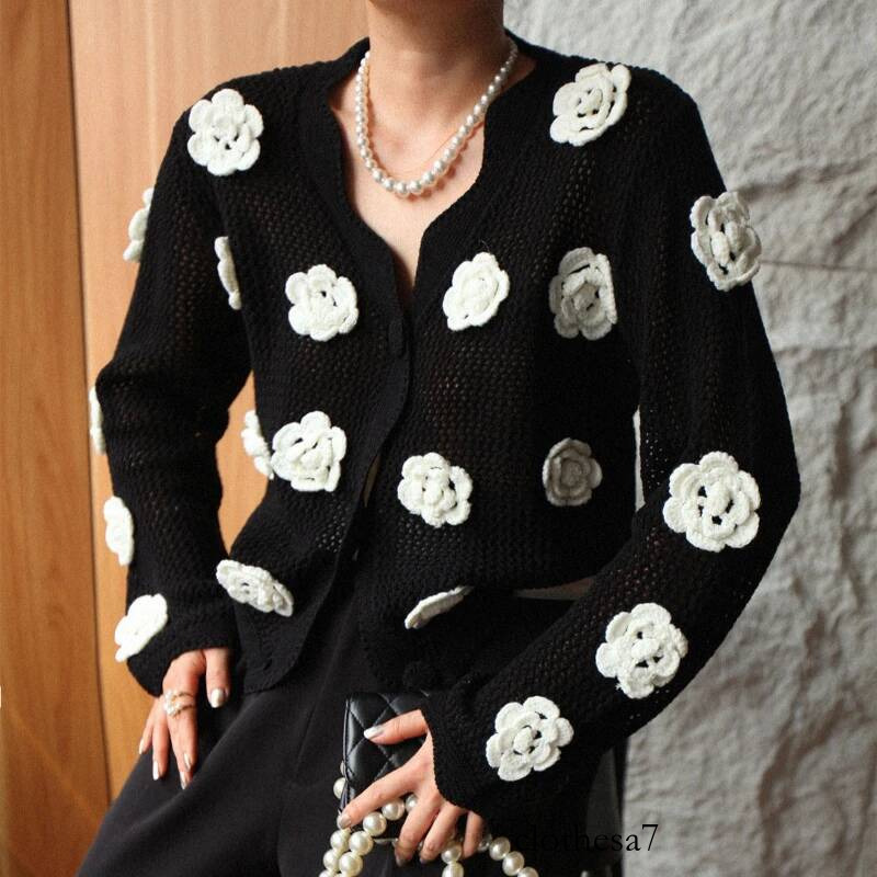 Women Crochet Cardigan Button Down Sweater Long Sleeve Hollow Out 3D Floral Applique Knit Top Spring Fall Fashion