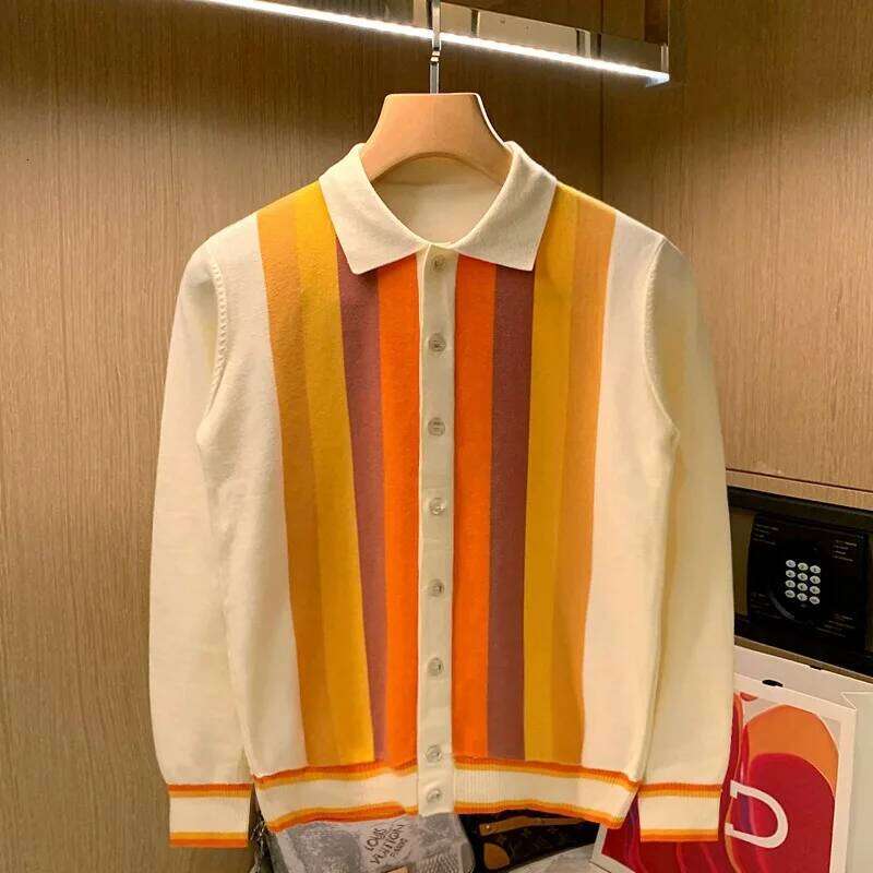 British Style Men Knitted Cardigan Vertical Stripe Long Sleeved Button Men's Tops Spring Autumn Brand Slim Lapel Thin Sweater