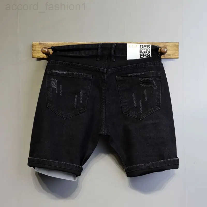 Korean Fashion Boyfriend Denim Shorts Mens Youth Summer New Black Washed Ripped Color Patch Slim-fitting Cargo Half Pants H260330