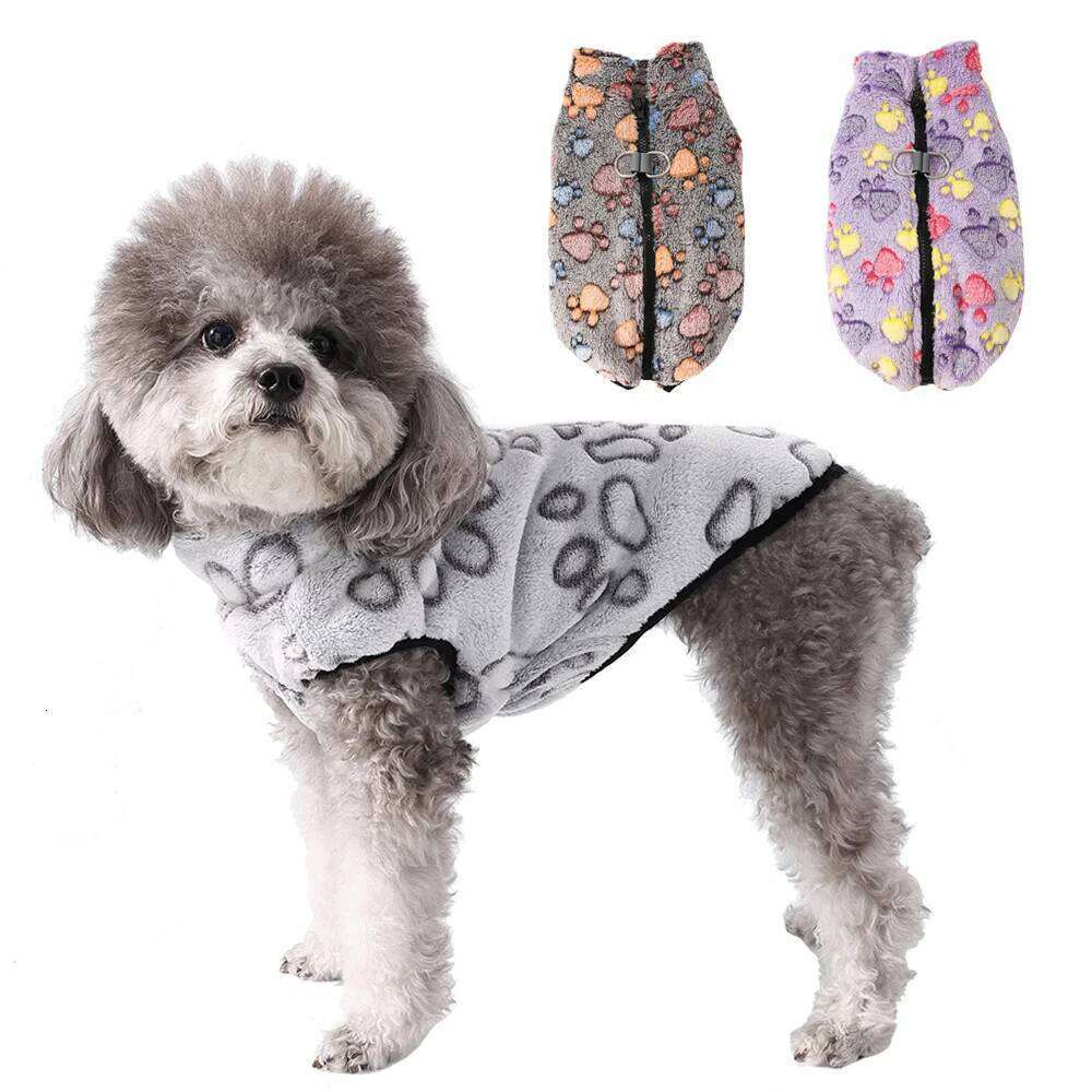 Flush Fleece Pet Dog Coat Winter Puppy Cat Footprint Reflective Clothes With D-ring For Small Dogs French Clothing