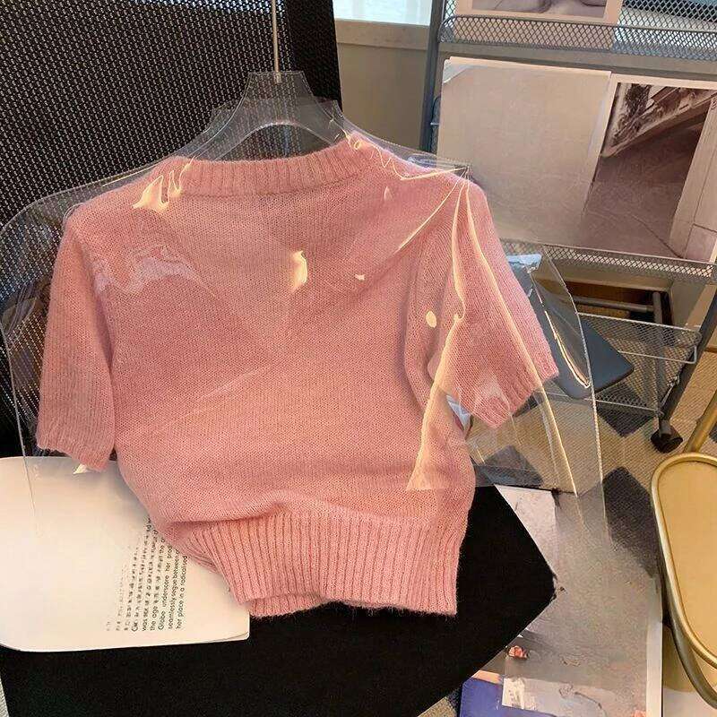 Matakawa Thin Sweaters Women Tops Spring Summer 3D Flowers Sweet Pullovers Korean Fashion Vintage Short Sleeve Pull Femme