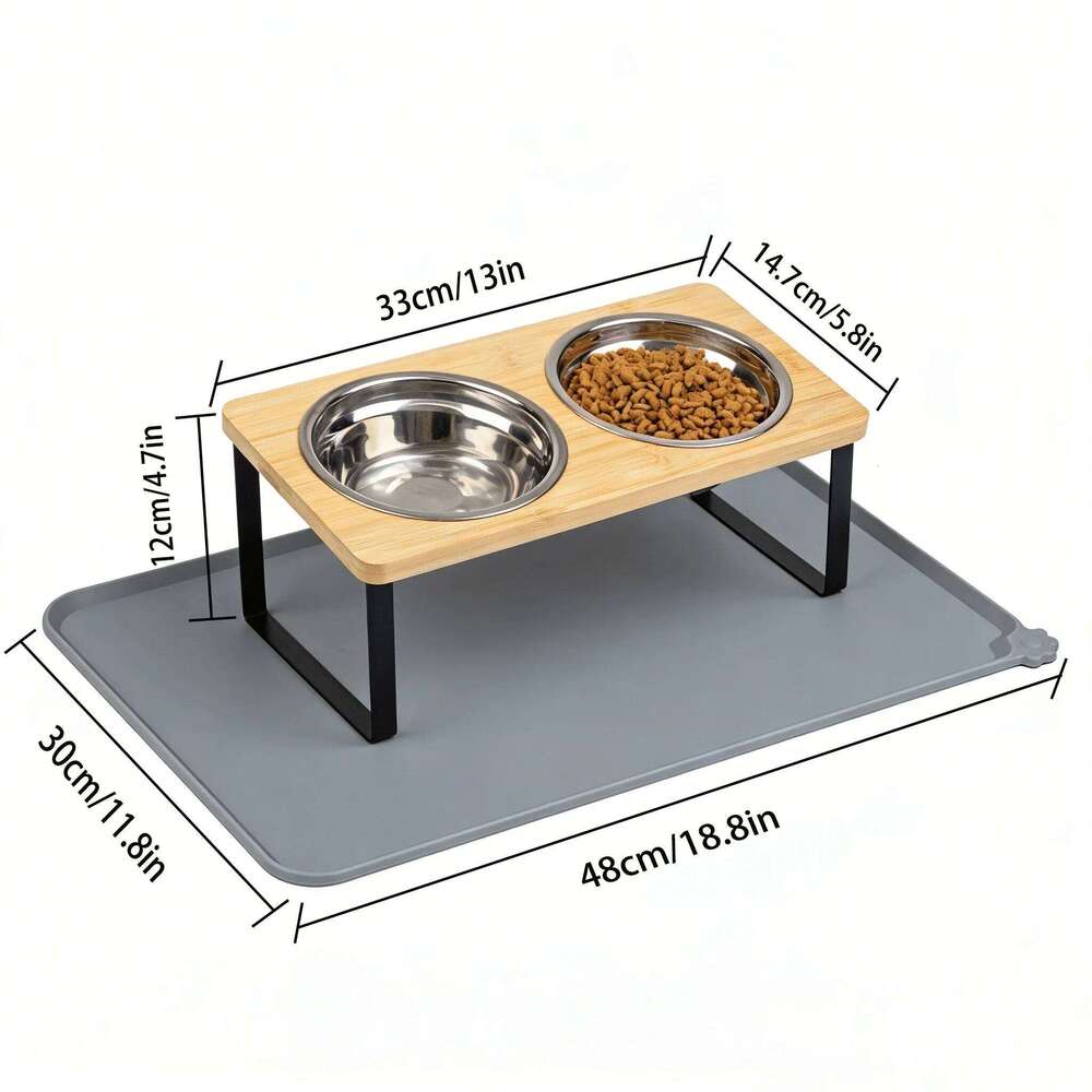 Elevated Bowls Food Mat 15 Degrees Raised Dog Bowl Stand for Puppy Cats Sturdy Bamboo Pet Feeder with 2 Stainless Steel 26W0330