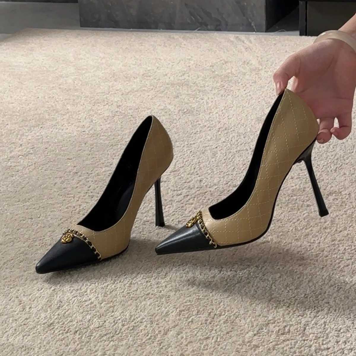 Fall Winter 2025 New Metal Chain Camellia Stiletto Heels Pointed Toe Single Shoes Women Z260330