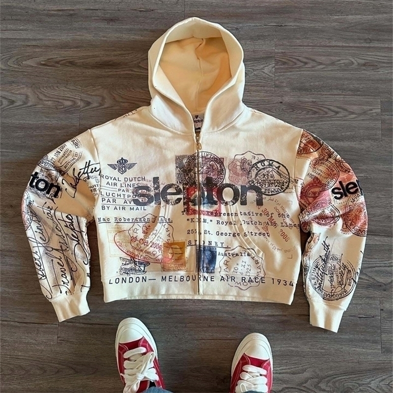 Passport Print Hoodie for Women Fashion Hip Hop Zip Up Hoodies Long Sleeve Harajuku Y2K Clothes Female Sweatshirt Street Jacket 260327