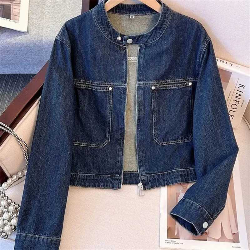 Round neck Denim Jacket For women Spring Autumn 2025 New Slim Short Cardigan Thin Jackets Female Motorcycle Zipper Outwear topT260328