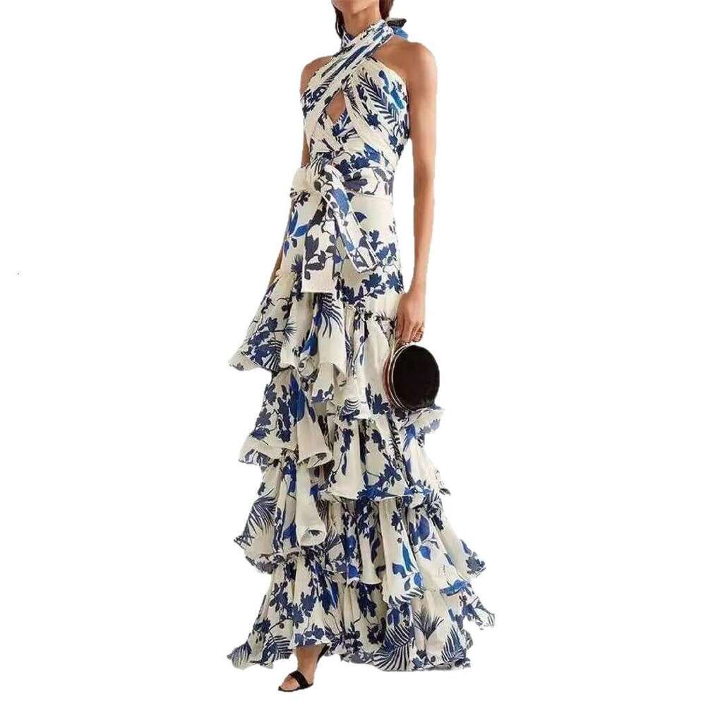 2026 summer h28 new designer bohemian vacation style lace up Lolita trumpet print dress from Europe and America