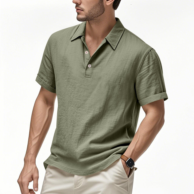 Men's Polos High End T Shirt Tops Mens European American Summer Designer Brand Linen Polo Shirt British Buttoned Turn-down Collar Simple Casual T