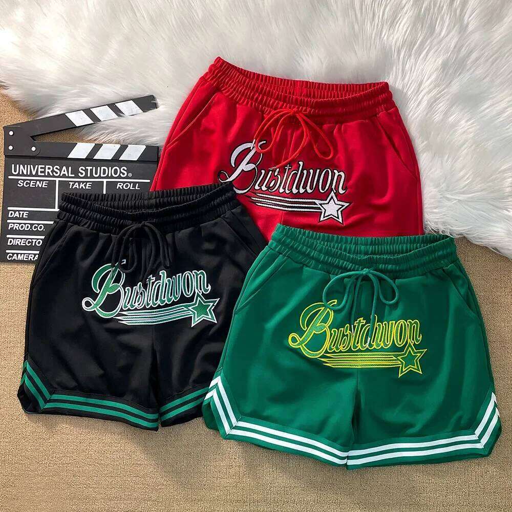 Stripe Vent Embroidery Letters Star Label Basketball Shorts Men Women Black Red Green Drawstring Loose Sports Running Shortpants