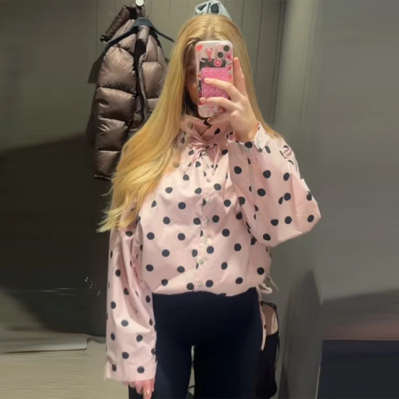 Chic Polka Dot High Neck Short Jacket For Women Long Sleeve Loose Lace Up Coat Commuter Casual Outwears 2026 Lady Streetwear 260326