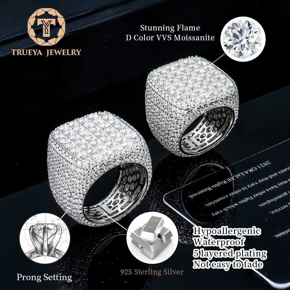 Custom Quality Luxury Full Crushed Iced Out Square 925 Sterling Silver Diamond Mossanite Moissanite Jewelry Ring Men Hip Hop