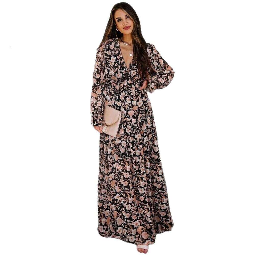 2026 New Cross-Border Long-Sleeve European and American Women's Fashion Printed Elegant Long Evening Dress
