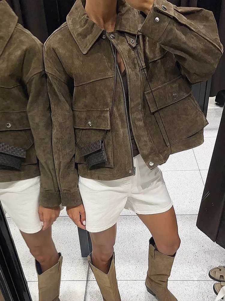 HH Women Vintage Solid Lapel Coats Long Sleeve Zipper Jacket With Pockets 2025 Autumn Fashion Lady High Street Lady OutwearT260328