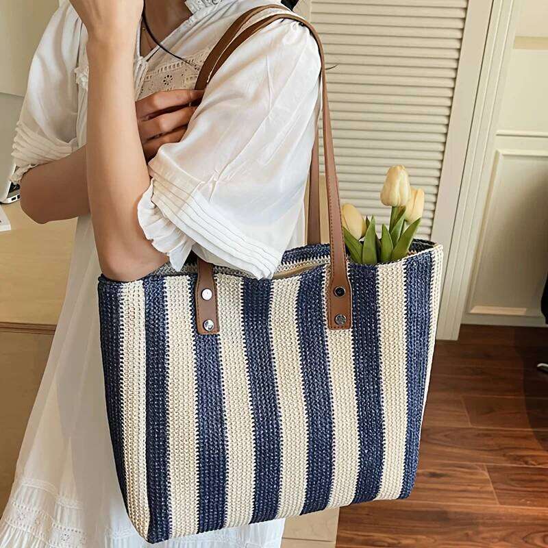 New Women S Fashion Classic Striped Pattern Retro Single Shoulder Bag Large Capacity And Versatile Straw Woven Multi Compartmen XIU LAI SI