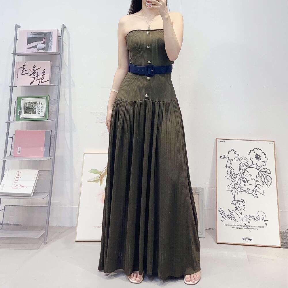 Designer high-end women's D17 French fashion social party strapless long skirt, slim fit waist belt dress