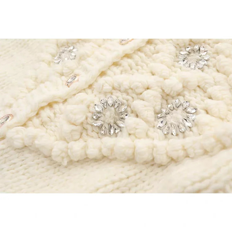 Handmade Bubble Diamond Embellished Cardigan Crochet Flower Chunky Knit Sweater 3D Floral Details Button-Up Knitwear Coat 260327