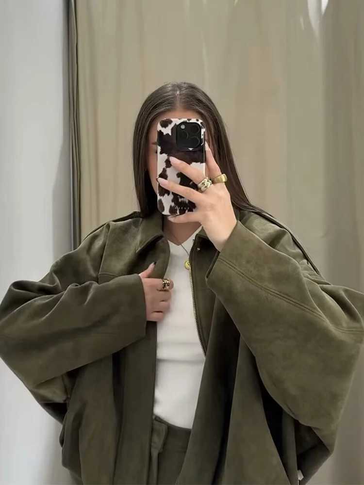 Women Green Suede Jacket 2026 New Spring Fashion Long Sleeve Zipper Oversize Bomber Jackets Chic Female Street Casual Coats T260328
