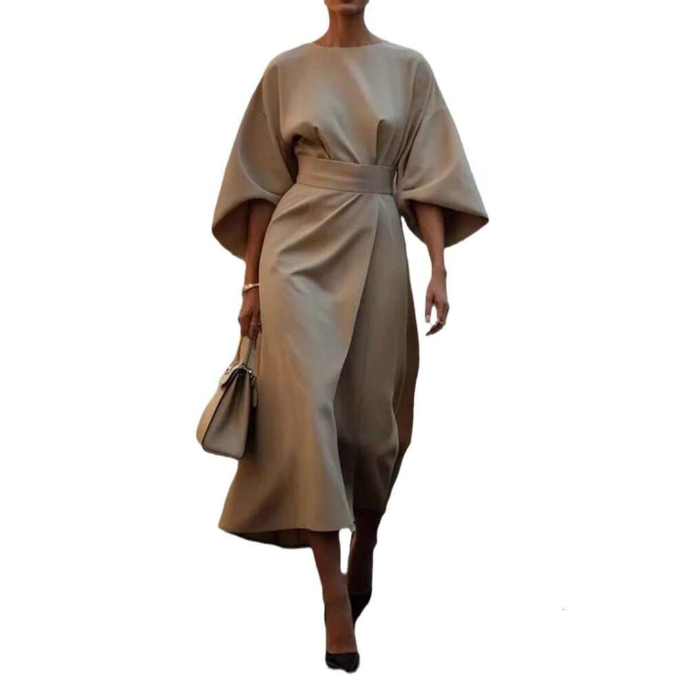 2026 Foreign Trade Women's Clothing European and American Cross-Border Fashion Elegant Solid Color Waist-Cinching Casual Bat-Sleeve Long Dress