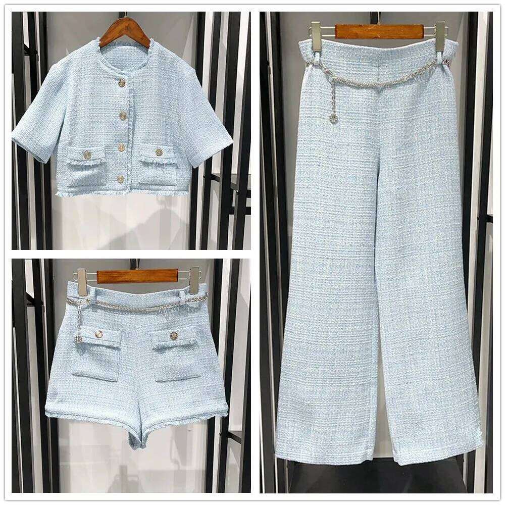 Women Tweed Trimmings Single Breasted Coat Cardigan , Metal Chain Straight Long Pants Or Shorts For Female Mdng260330
