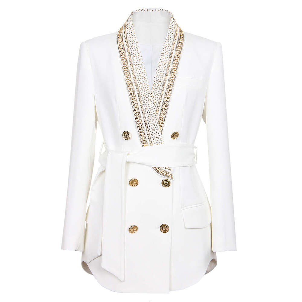 Spring and Autumn New Designer Fashion Women's Medium to Long Sports Jacket with Gold Foil e22 Belt Shawl Neck Black and White