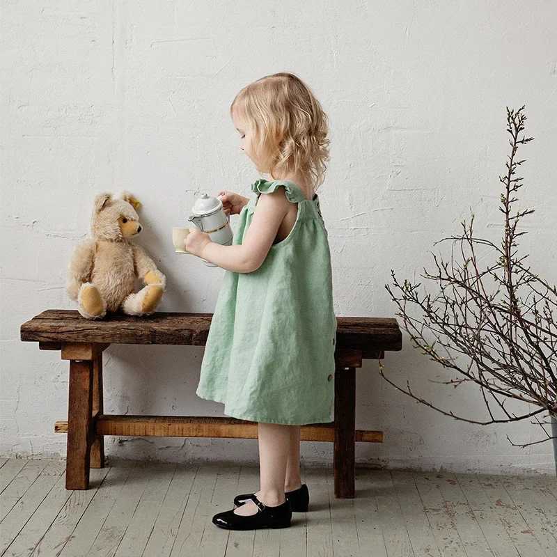 Children Girls Linen Dress 2026 Summer New Literary Petal Sleeves Loose Baby Girl Strap Princess Dresses TZ04T260330