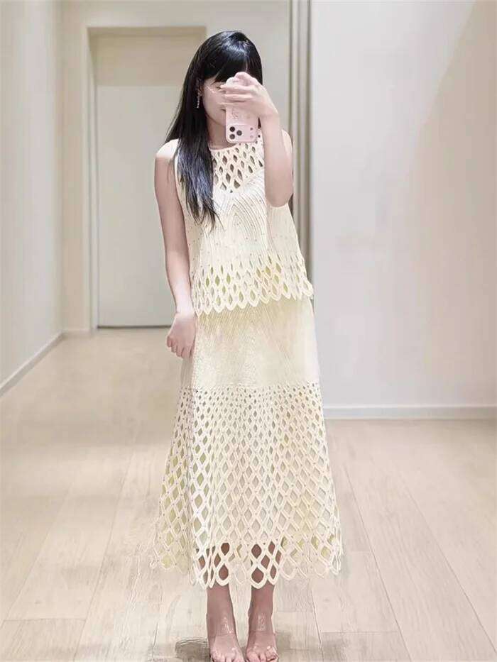 Women Lace Hollow Out Knit Short Cardigan Sweater , Sleeveless O-Neck Tank Top Or Ladies High Waist Zipper Midi Skirt Mdng260330