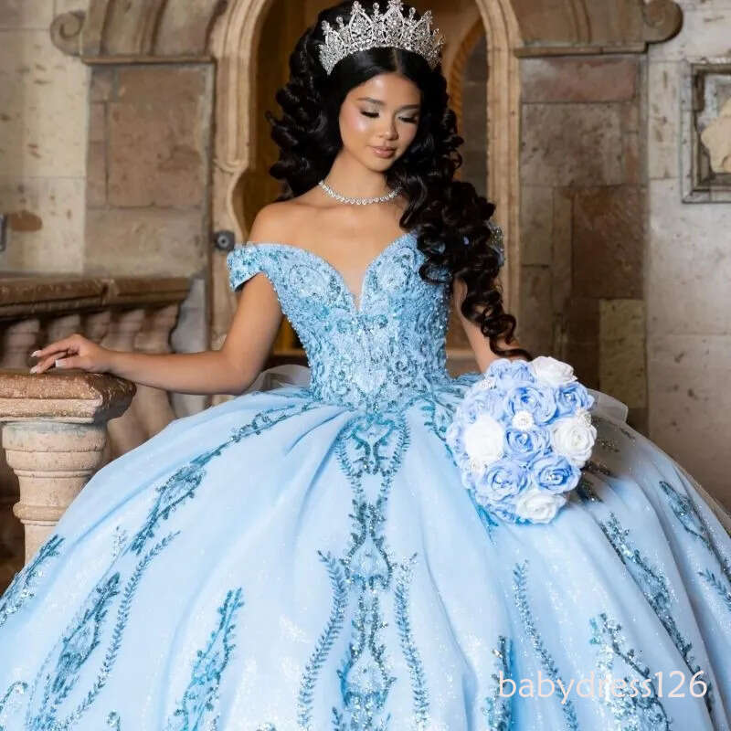 Sky Blue Shiny Princess Sweet 16 Dress Quinceanera Dresses Off The Shoulder Sequin Applique Lace Beading Crystal Tull Party Birthday Vestidos 15 De An