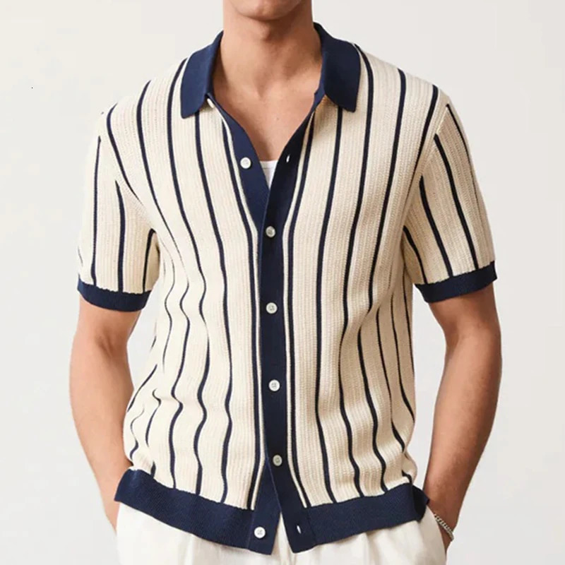 Summer Mens Striped Knit Polo Shirts Fashion Patchwork Short Sleeve Turn Down Collar Smart Casual Polos Men Knitted Tops 260327