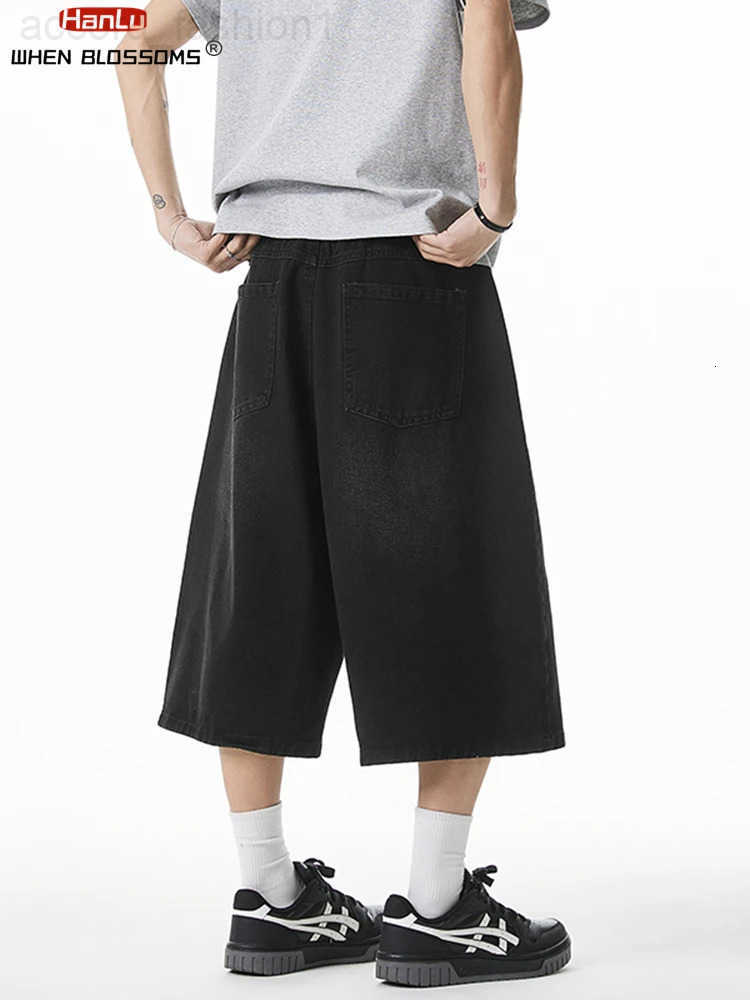 2025 Summer Mens Wide Leg Jeans Shorts Vintage Distressed Wash Y2K Straight Elastic Waist Loose Casual Relaxed Fit H260330
