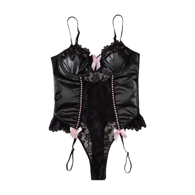 European and American cross-border sexy women's lingerie, elastic leather lace seductive bodysuit, manufacturer wholesale Excluding mesh socks