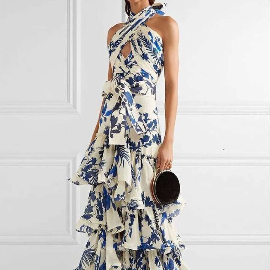 2026 summer h28 new designer bohemian vacation style lace up Lolita trumpet print dress from Europe and America