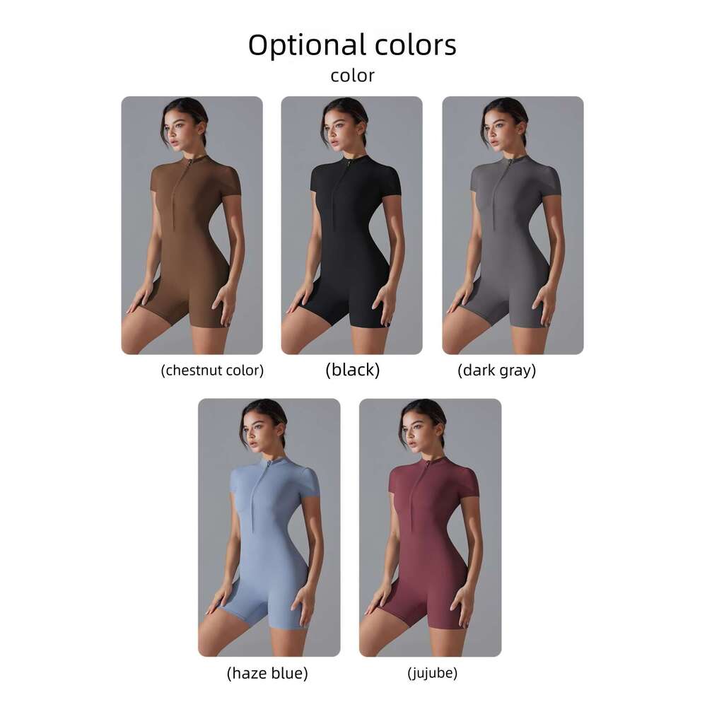 New European And American Summer Zipper Short Sleeve Shorts Yoga For Women Dance Fitness Tight Sports Jumpsuit