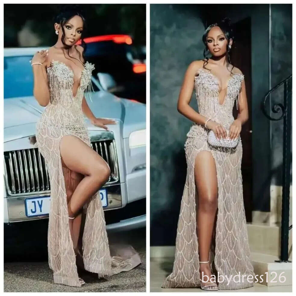 Sparkly V Neck Long Evening Dress For Black Girls Sequined Birthday Dresses Beaded Crystal High Slit Prom Pageant Gowns Customized robe de soiree mari