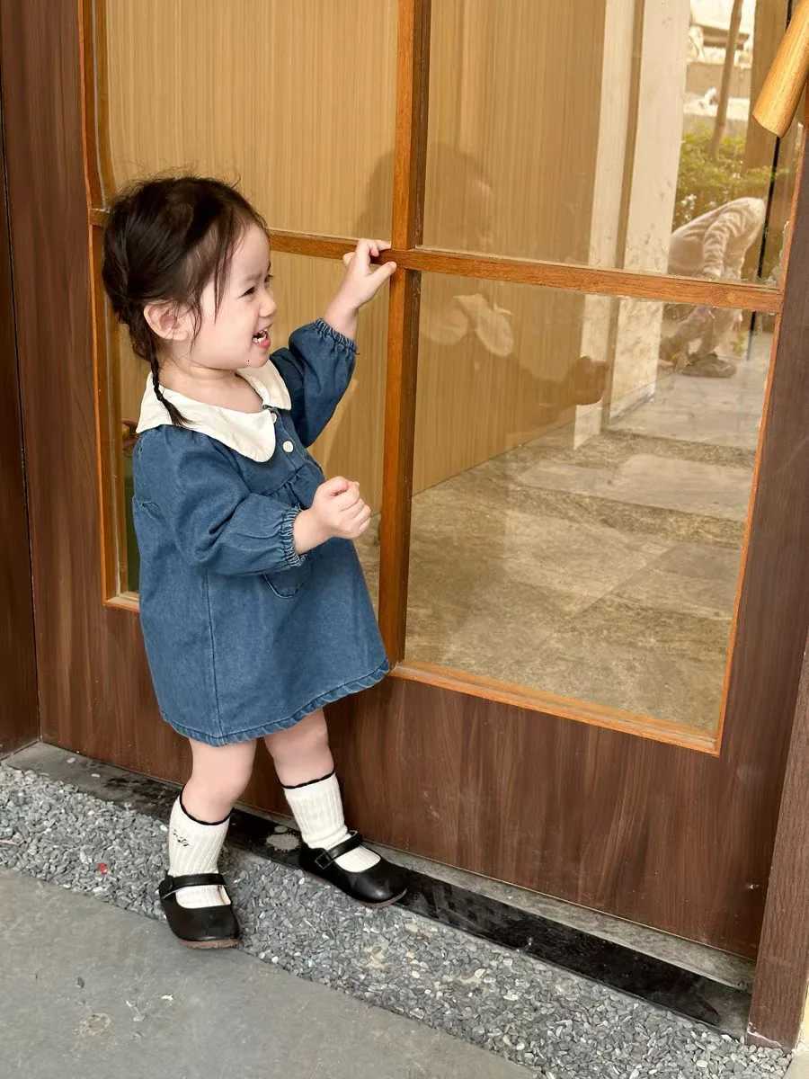 Q2495 Korean Style Spring Autumn Baby Dress Cute Loose Lapel Long Sleeve Soft Denim Dress Doll Collar One Piece Baby OutfitT260330