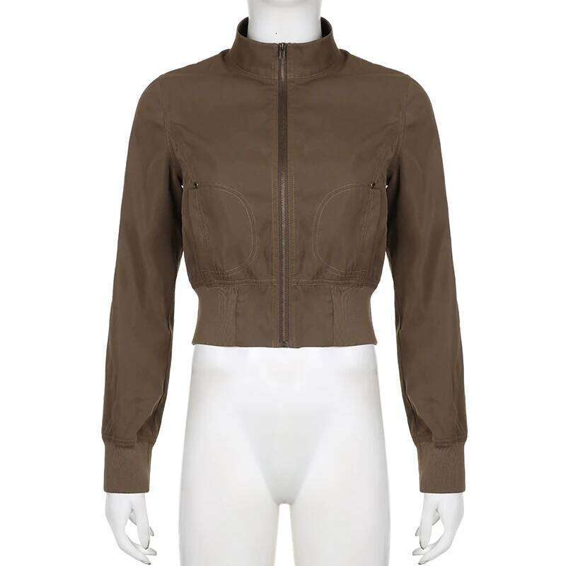 SUCHCUTE Vintage Cropped Jackets Women Stand Collar Solid Color Casual Coats Slim Pocket Zip Up Haruku Safari Style Outwear