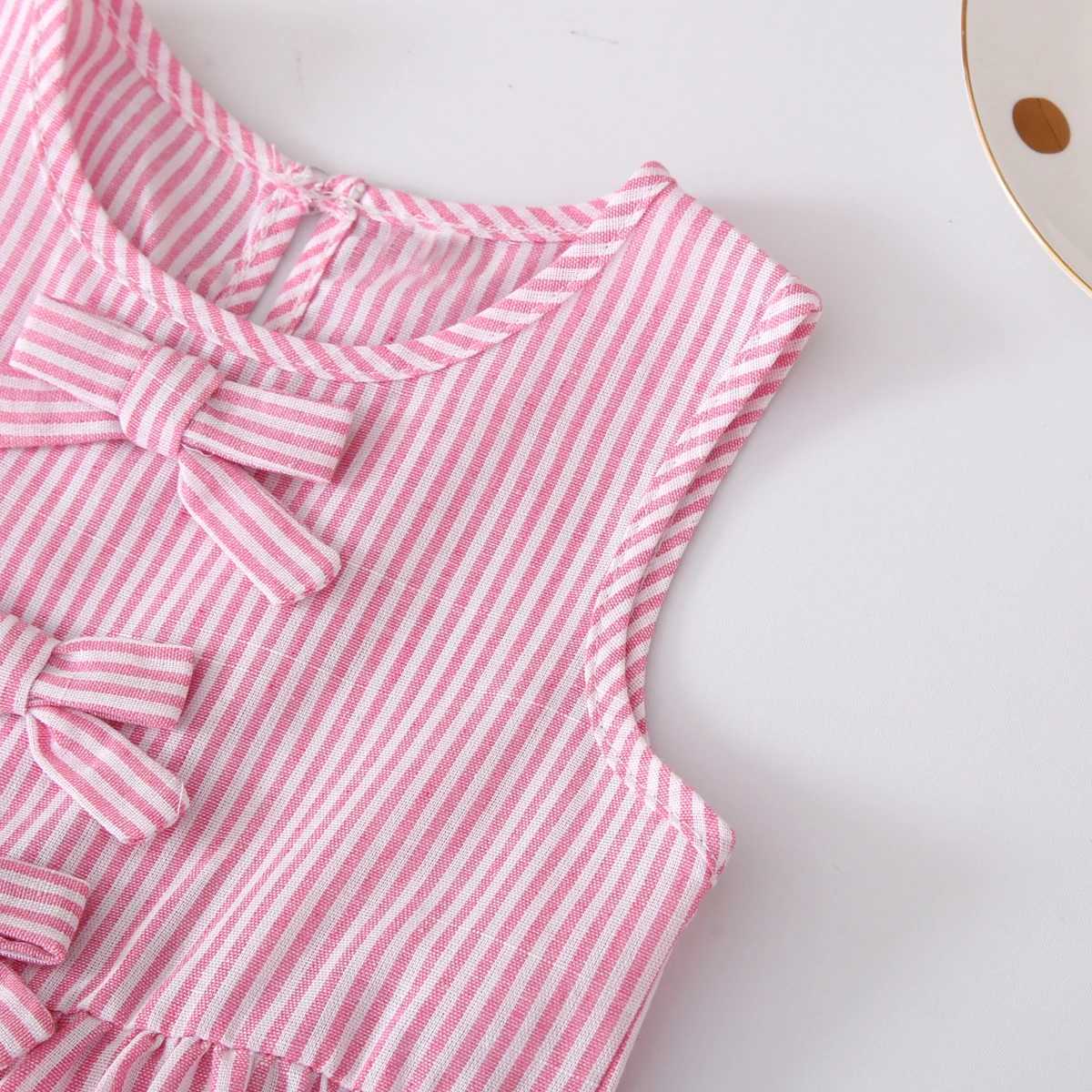 Summer New Childrens Clothing Fashion Pink White Striped Bow Tie Vest Dress Korean Version Girls Casual DressesT260330