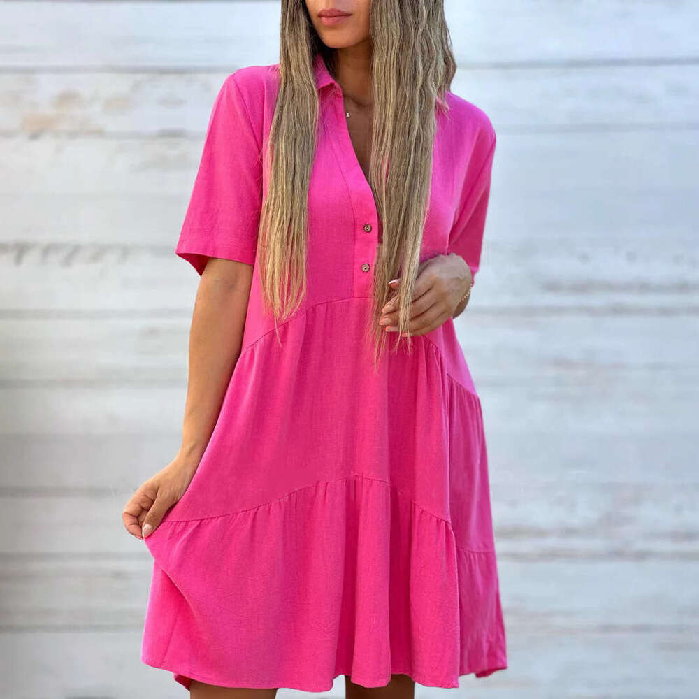 New European and American women's clothing for cross-border trade, Amazon dress, loose-fitting solid color, collared, casual short-sleeve cotton-