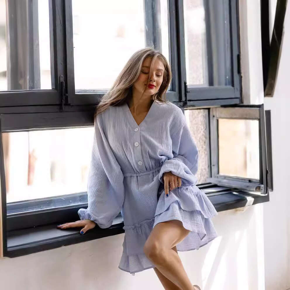 20264 European and American cross-border summer new product, solid color long-sleeve dress, elegant V-neck slimming A-line dress