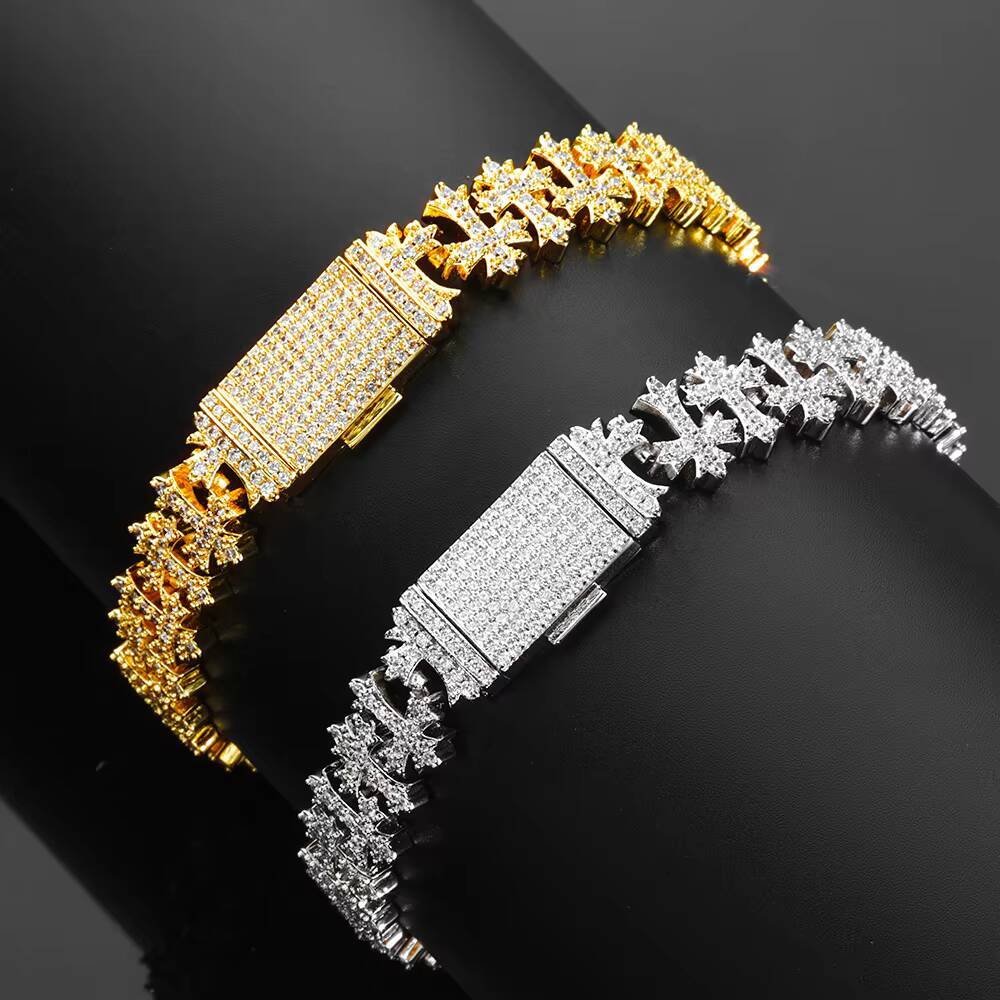 NUOYA 11MM Brass Iced Out Bling Cross Design Bracelet Silver Plated Link Chain Fine Jewelry Gift for Women