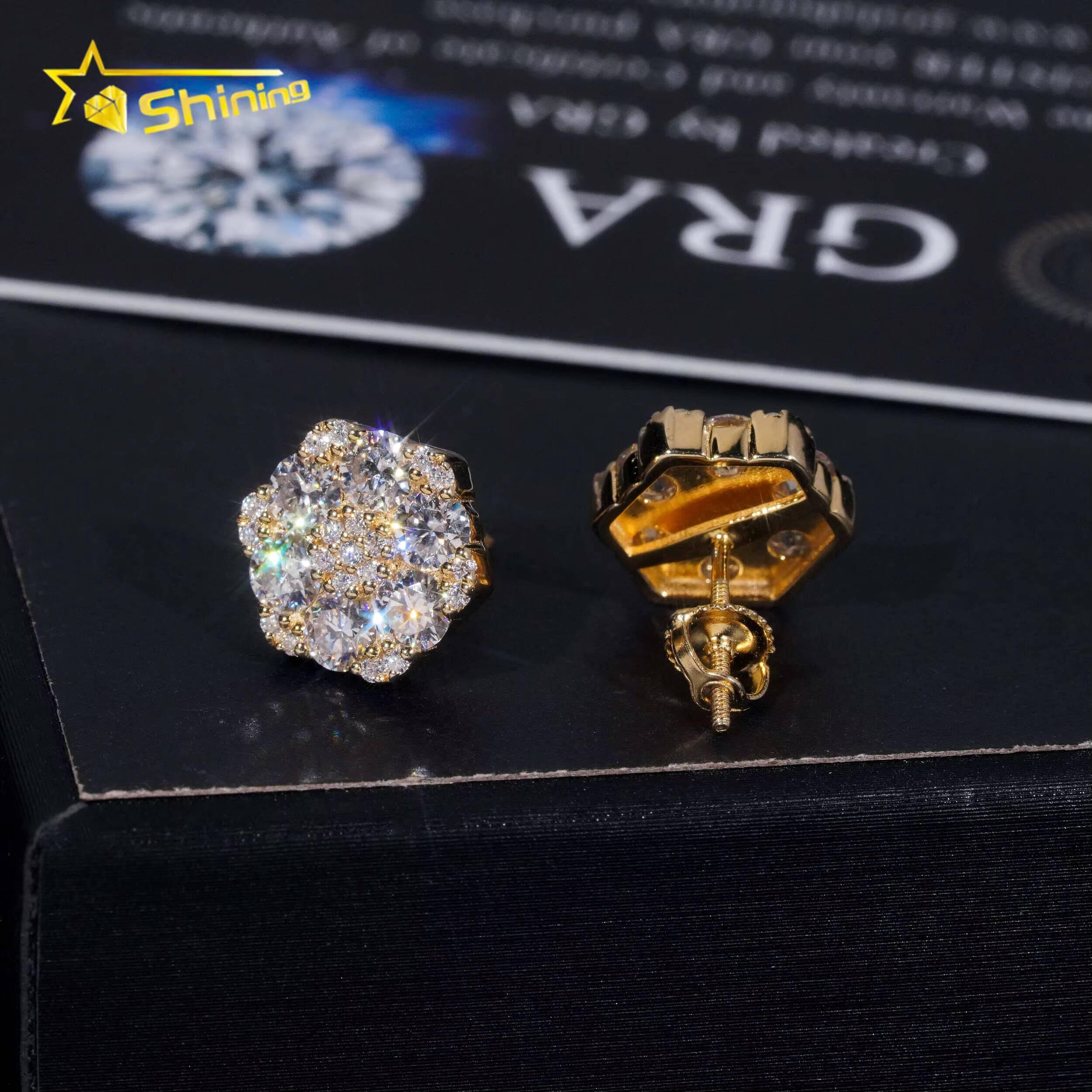 Fine Jewelry Flower Design Screw Back Ear Studs Iced Out 925 Sterling Silver Gold Plated Moissanite Stud Earrings Ready to Ship