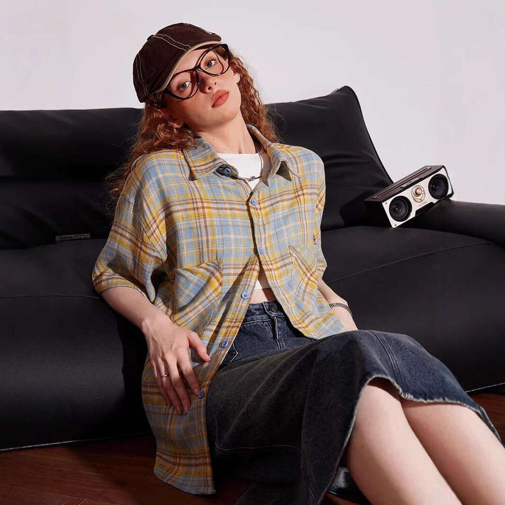 American Retro Plaid Short-Sleeve For Women, Loose-Fitting, Versatile Couple's Shirt