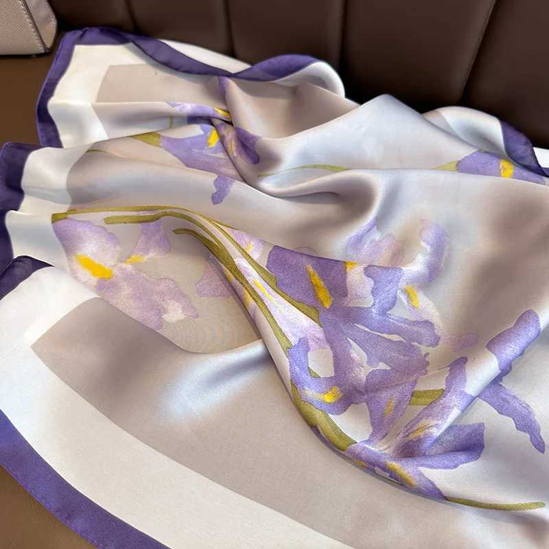 Purple Luxury Floral Print 70cm Silk Square Scarf Wen Soft Satin Hairband Hands Bag Ribbons Foard Neckerchief band Hijab X260328