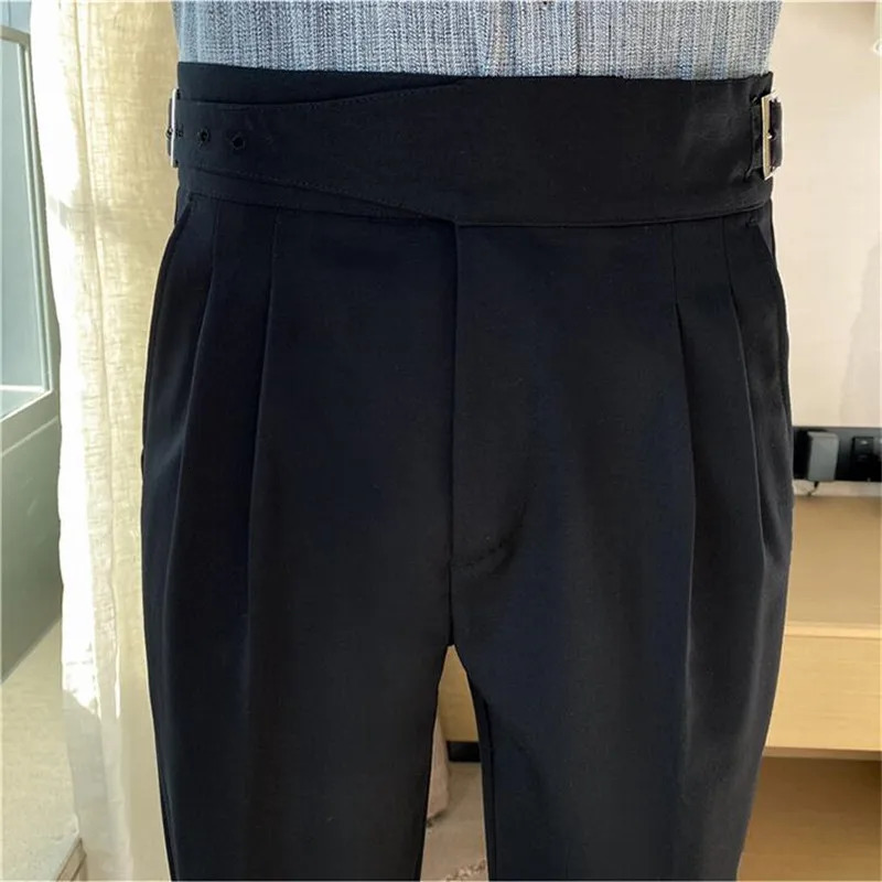 British Style Men High Waist Casual Dress Pant Men Belt Slim Trousers Formal Office Social Wedding Party Dress Suit Pants 260326