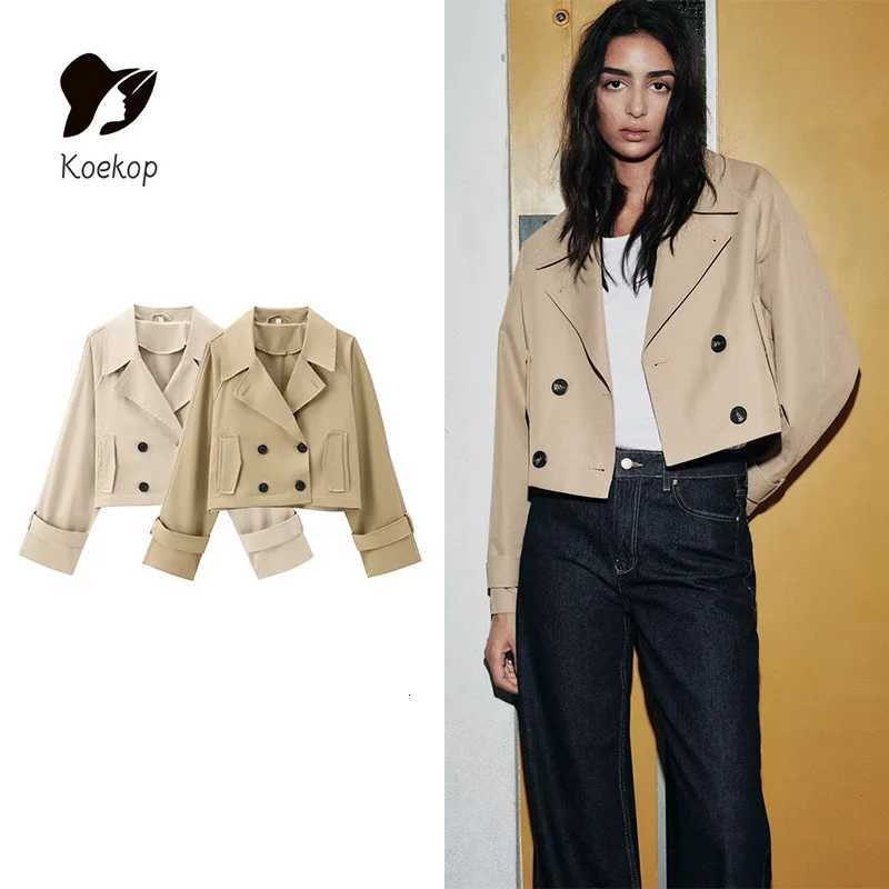 Koekop Womens Fashion Solid Color Trench Coat Style Jacket Coat Vintage Casual Chic Temperament Lady Short Jacket CoatT260328