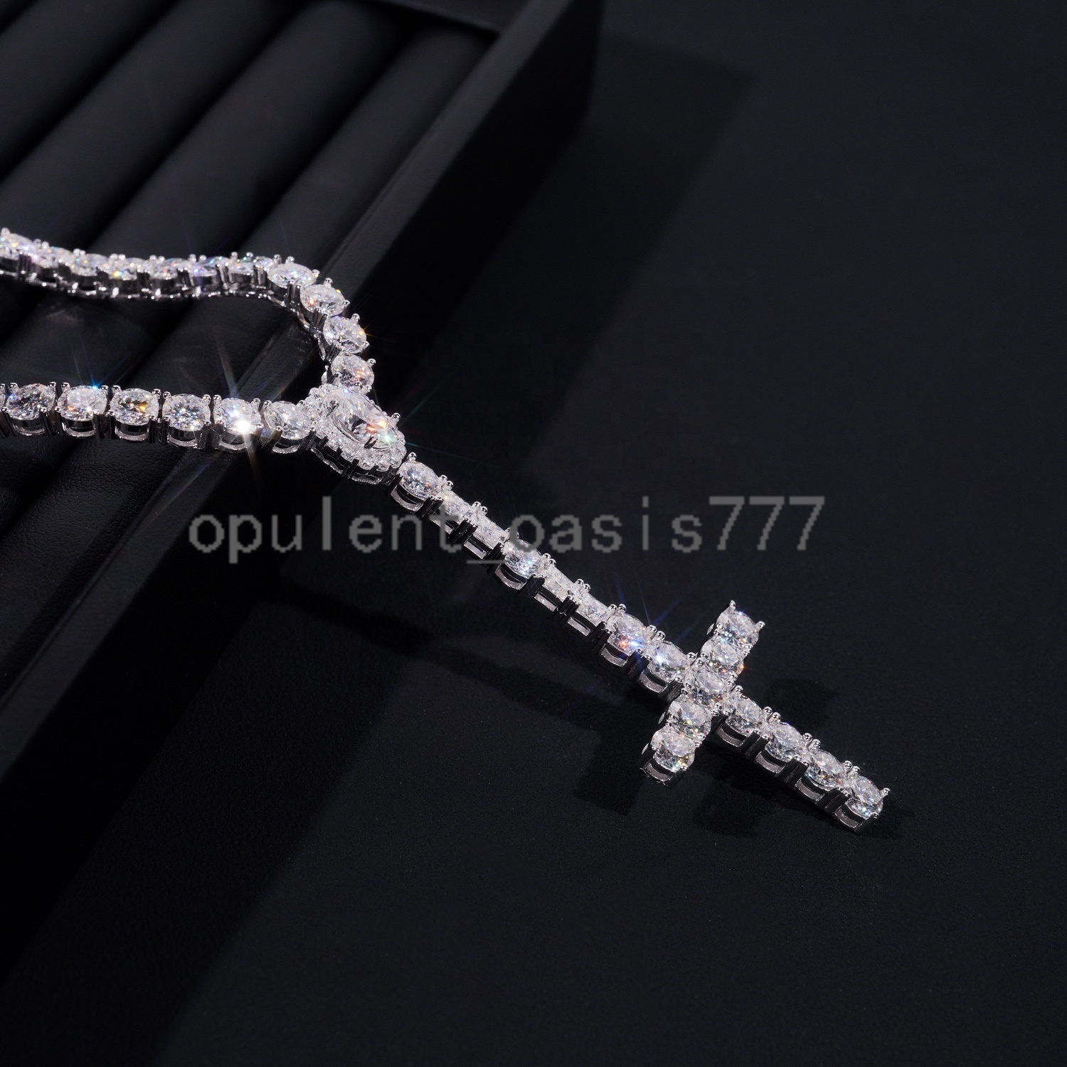 New Arrival Hot Sell Iced Out 5MM Width 925 Sterling Silver VVS Moissanite Rosary Cross Tennis Chain Necklace