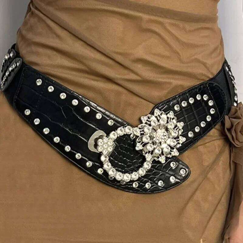 Rhinestone Splicing Wide Waistband Women Sexy Belts Bling Vintage Flower Punk Metal Buckle Y2k PU Leather Belt Skirt Accessories Chunjinqiuli