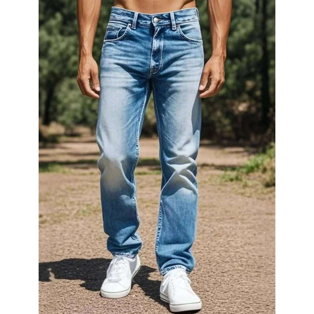 1pc Men's Casual Slim-Fit Stretch Jeans, Fashionable Street-Style Gradient Denim Pants with Washed-Out Look, Regular Fit, Machin 26Y0330